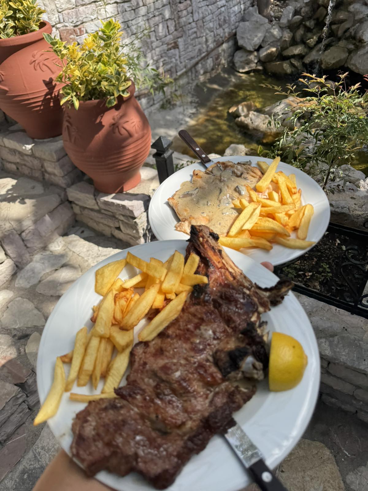 Grilled lamb ribs and chicken fillet with fries in the garden at Taverna Xarama