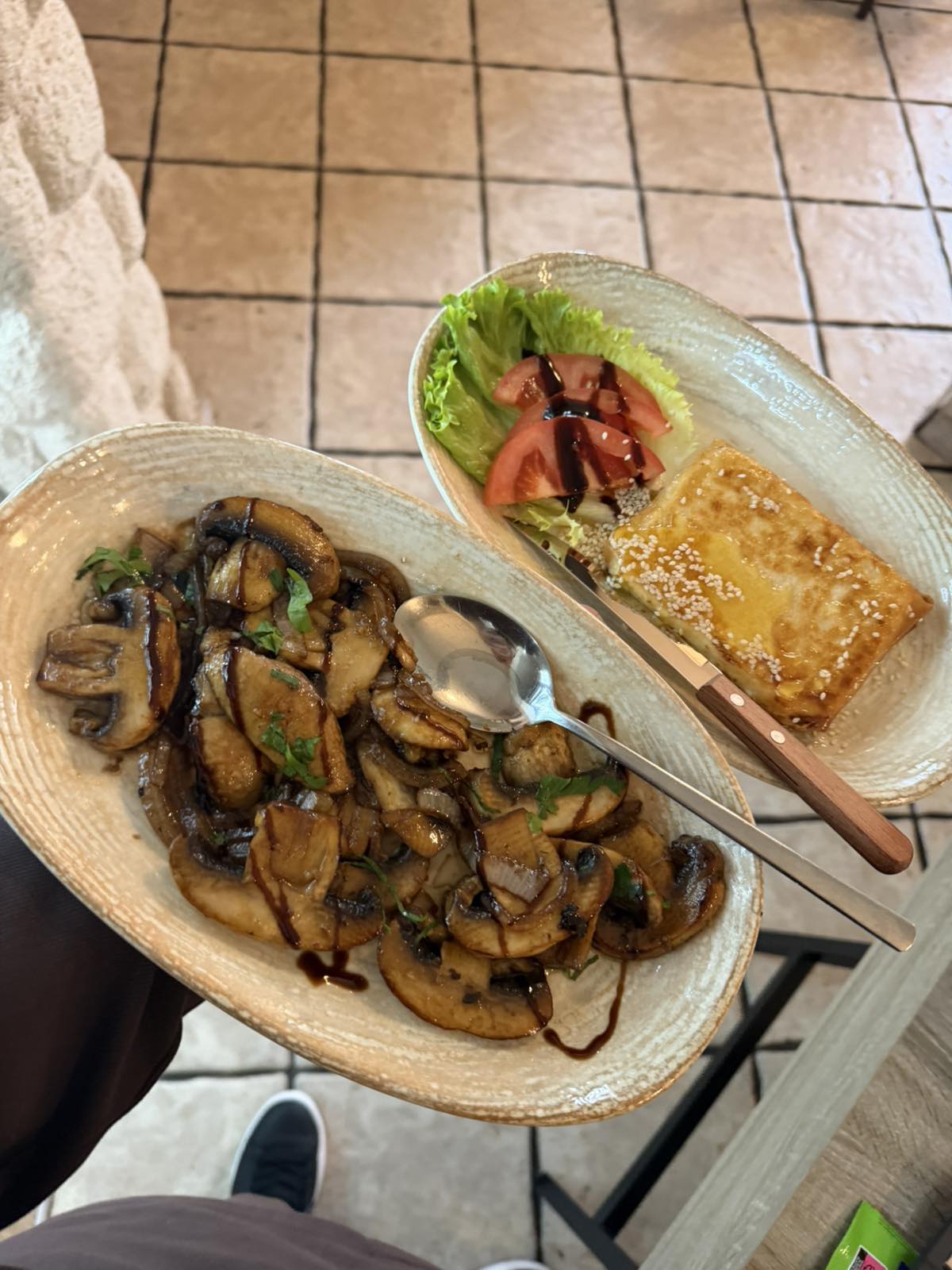 Grilled mushrooms with balsamic and saganaki in phyllo with sesame at the taverna