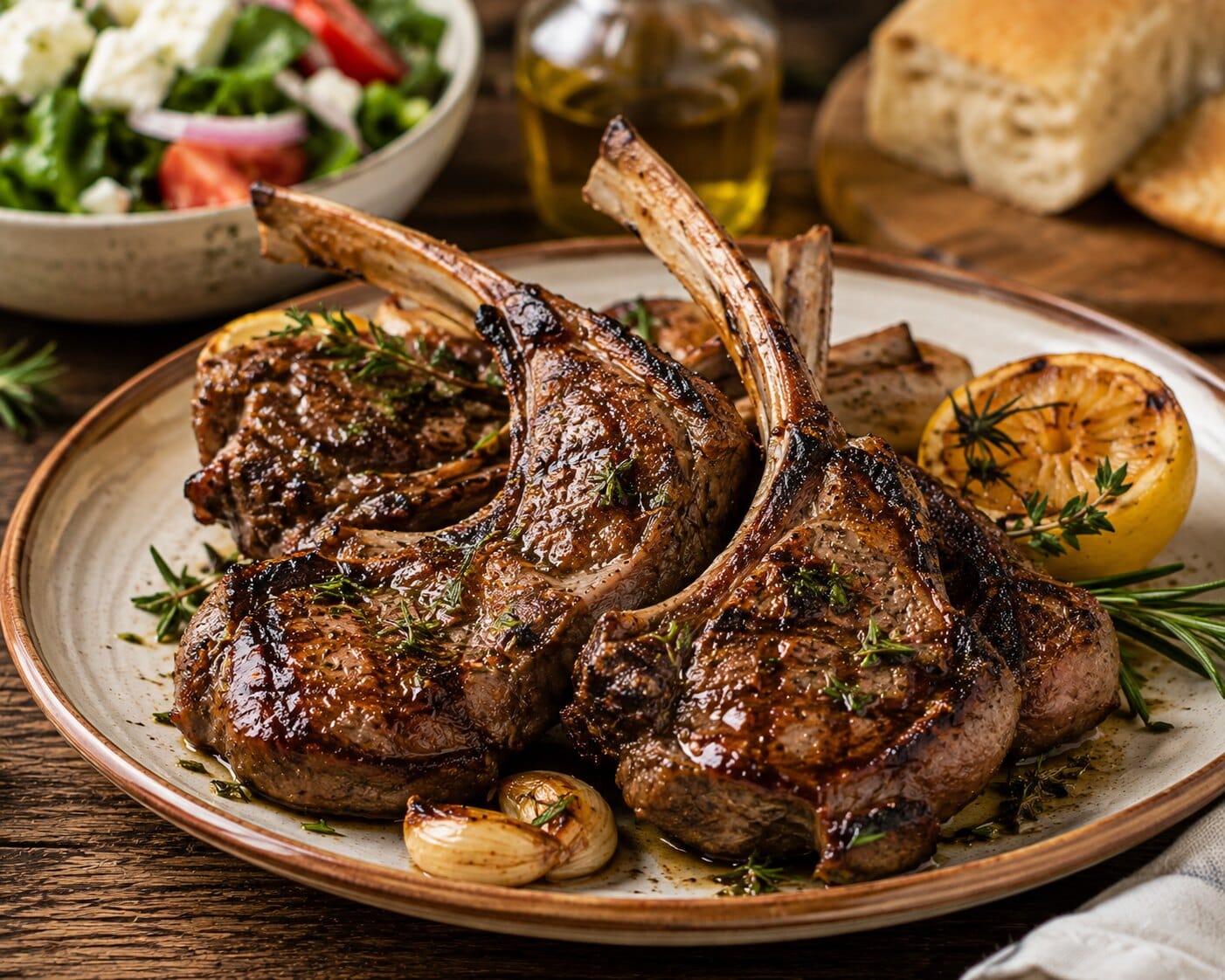 Grilled lamb chops with thyme, roasted lemon and garlic, served with Greek salad and fresh bread at Taverna Xarama