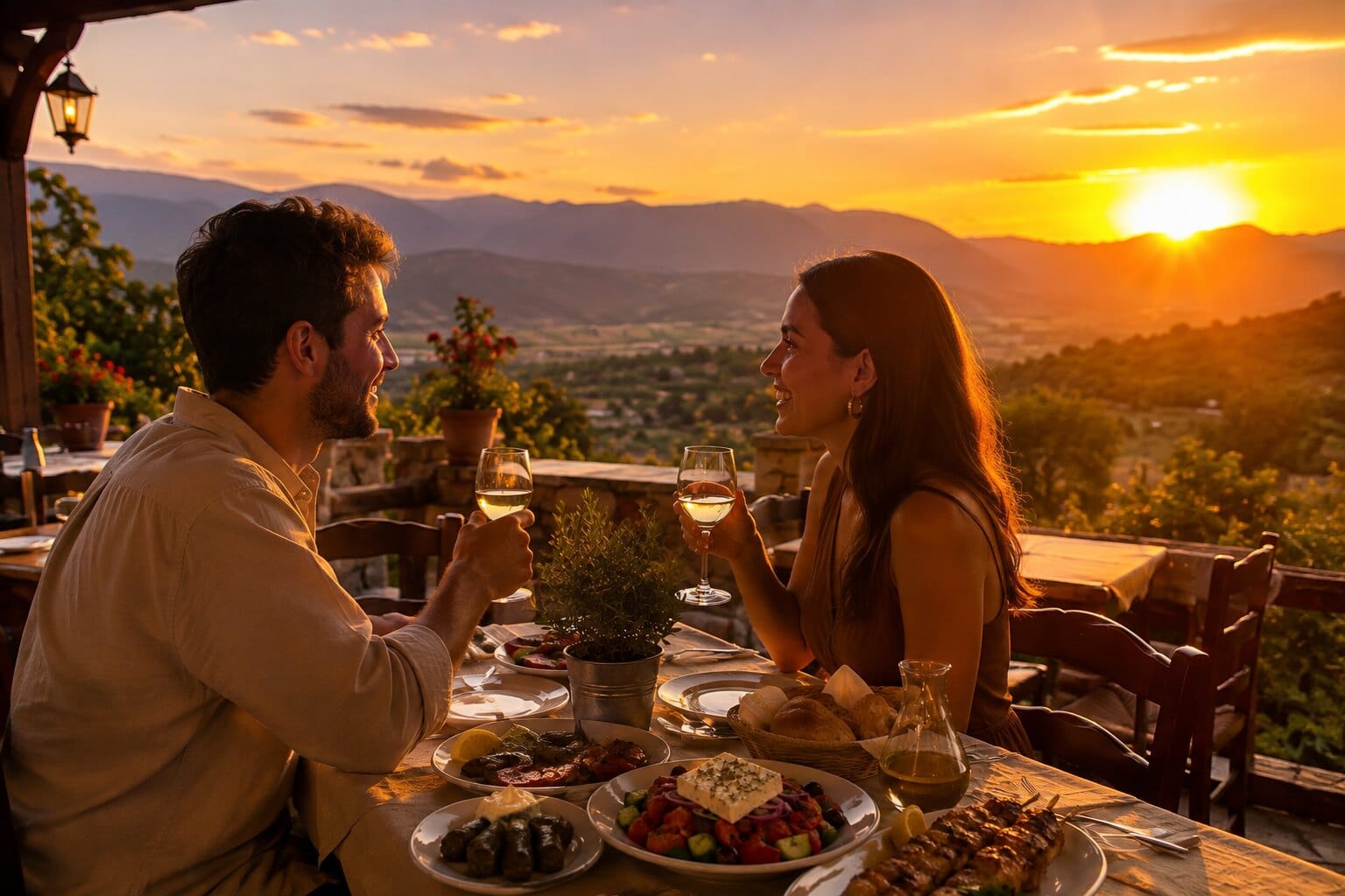 Couple toasting white wine at sunset on the terrace of Taverna Xarama, overlooking the Meteora valley and mountains