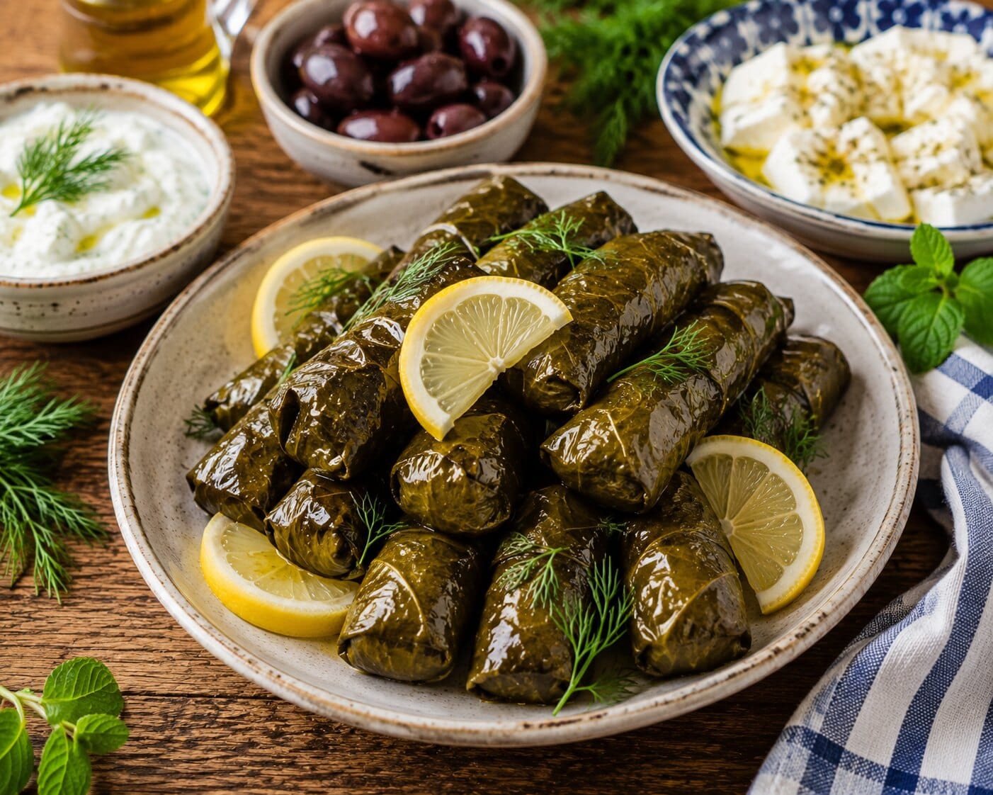 Homemade dolmades - stuffed vine leaves with lemon and dill, served with tzatziki, feta and Kalamata olives