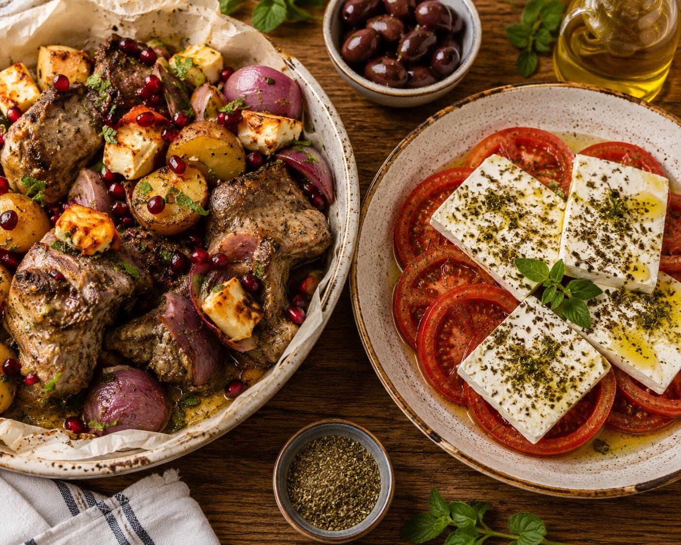 Slow-cooked lamb kleftiko with potatoes, feta and pomegranate, served with a tomato and feta salad with oregano