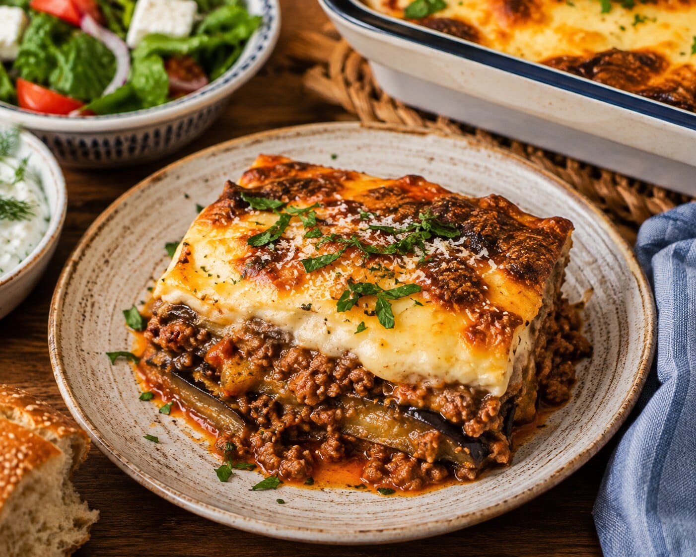 Homemade moussaka with layers of aubergine, minced meat and béchamel, served with Greek salad and bread