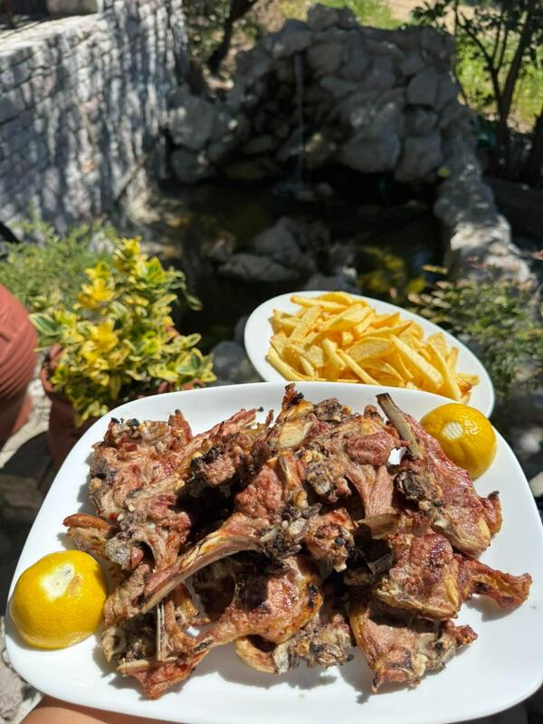 Lamb chops with golden fries in the garden setting