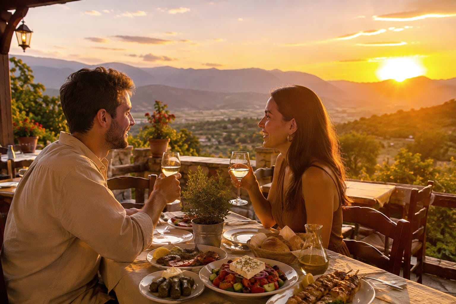 A couple toasting glasses of white wine over a table of Greek dishes on the terrace of Taverna Xarama in Kastraki, watching the golden sunset over the Meteora valley